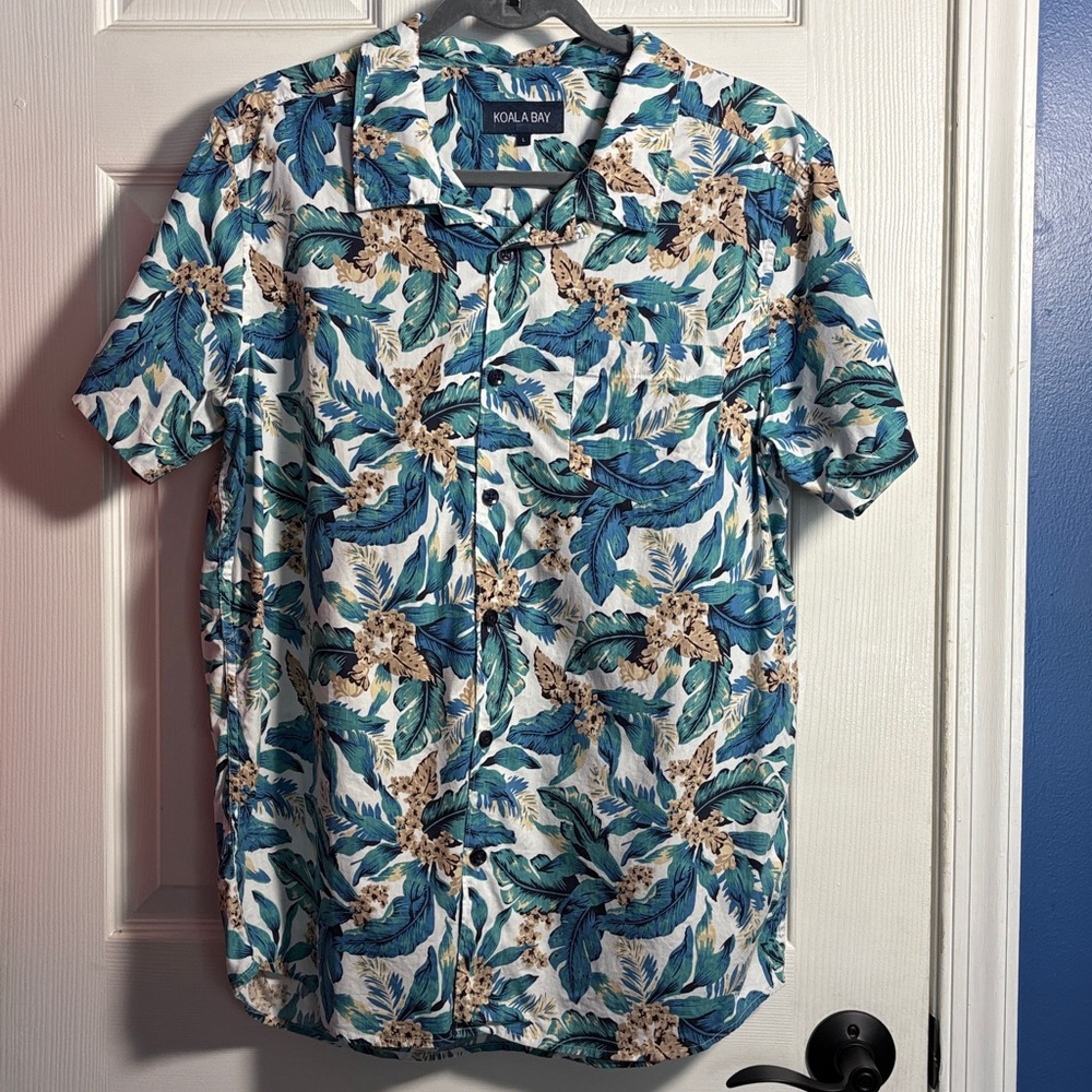 Koala Bay Tropical Leaf Print Men's Button Down Shirt Large